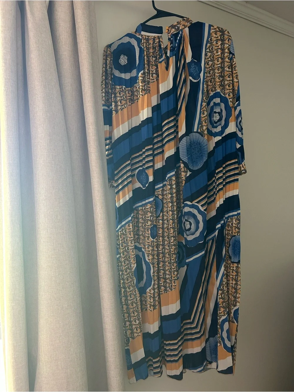 CQ by CQ Pleated Geometric Midi Dress in Blue and Yellow